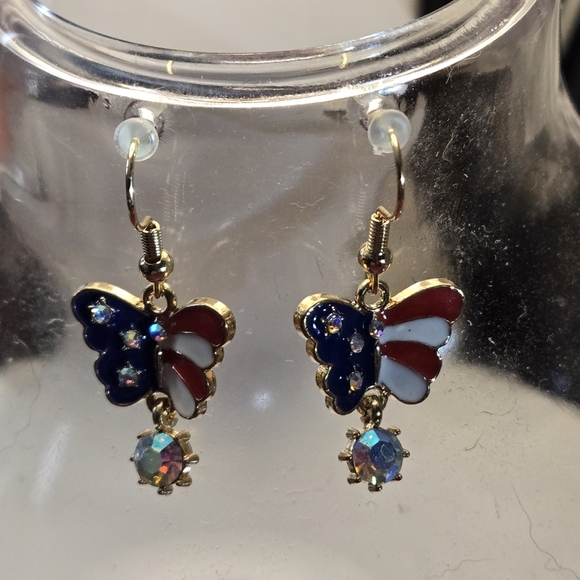 Drop Earrings 14k Gold Plated Butterfly Flag Pattern Design Patriotic Jewelry - Picture 2 of 5